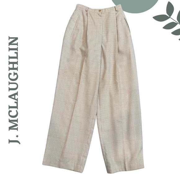 J. McLaughlin Wide-Leg Wool Blend  Trousers | Cream Taupe Plaid | Lined | Size 2 - Picture 2 of 6